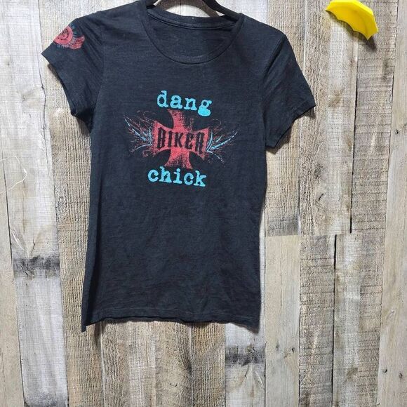Dang Biker Chick Vintage Y2K Black Burnout Graphic Tee - Picture 1 of 5